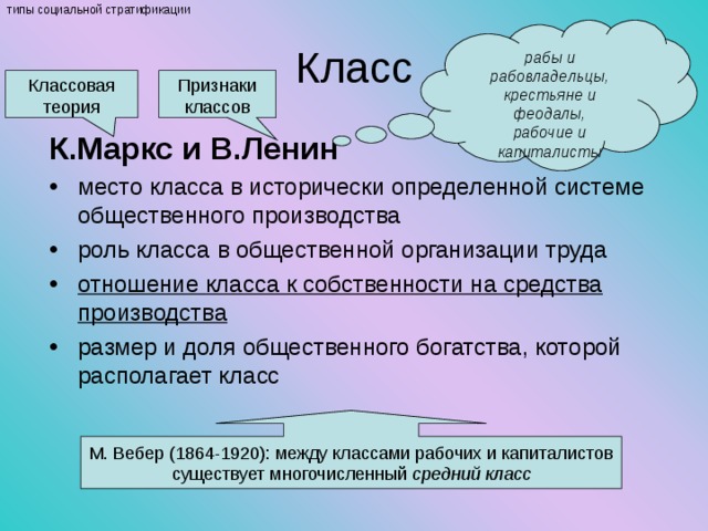 типы социальной стратификации рабы и рабовладельцы, крестьяне и феодалы, рабочие и капиталисты Класс Классовая теория Признаки классов К.Маркс и В.Ленин место класса в исторически определенной системе общественного производства роль класса в общественной организации труда отношение класса к собственности на средства производства размер и доля общественного богатства, которой располагает класс М. Вебер (1864-1920): между классами рабочих и капиталистов существует многочисленный средний класс 