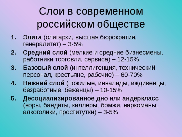 Слои в современном российском обществе Элита (олигархи, высшая бюрократия, генералитет) – 3-5% Средний слой (мелкие и средние бизнесмены, работники торговли, сервиса) – 12-15% Базовый слой (интеллигенция, технический персонал, крестьяне, рабочие) – 60-70% Нижний слой (пожилые, инвалиды, иждивенцы, безработные, беженцы) – 10-15% Десоциализированное дно или андеркласс (воры, бандиты, киллеры, бомжи, наркоманы, алкоголики, проститутки) – 3-5% 