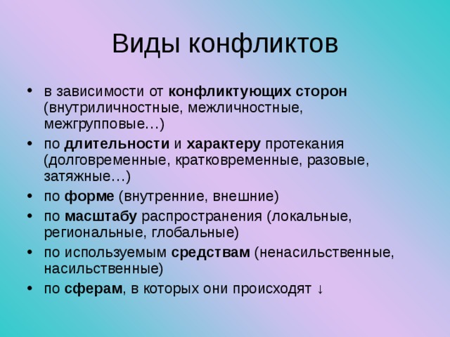 Виды конфликтов в зависимости от конфликтующих сторон (внутриличностные, межличностные, межгрупповые…) по длительности и характеру протекания (долговременные, кратковременные, разовые, затяжные…) по форме (внутренние, внешние) по масштабу распространения (локальные, региональные, глобальные) по используемым средствам (ненасильственные, насильственные) по сферам , в которых они происходят ↓ 