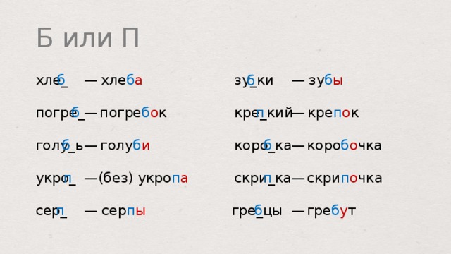 Б или П зу б ы — — б зу _ ки хле б а хле _ б кре п о к погре б о к кре _ кий погре _ б — — п — коро б о чка — б голу _ ь б коро _ ка голу б и скри п о чка п — скри _ ка укро _ — (без) укро п а п гре _ цы гре б у т — — сер _ сер п ы п б  