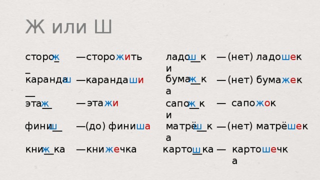 Ж или Ш (нет) ладо ш е к ладо __ ки сторо ж и ть ш ж сторо __ — — бума __ ка ж каранда __ ш (нет) бума ж е к — каранда ш и — эта ж и сапо ж о к — — эта __ сапо __ ки ж ж матрё __ ка (нет) матрё ш е к ш (до) фини ш а фини __ — ш — ж кни __ ка карто ш е чка кни ж е чка — — карто __ ка ш  