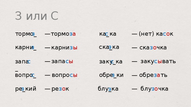 З или С (нет) ка с о к ка _  ка тормо з а с з тормо _ — — ска _ ка з карни _ з ска з о чка — карни з ы — запа с ы заку с ы вать — — запа _ заку _ ка с с обре _ ки обре з а ть з вопро с ы с вопро _ — — з ре _ кий блу з о чка ре з о к — — блу _ ка з  