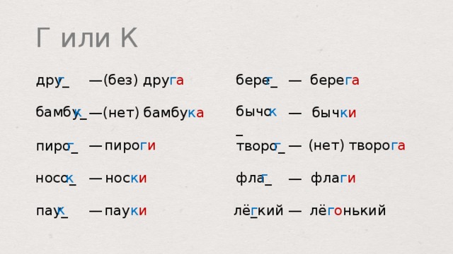 Г или К г бере г а бере _ (без) дру г а дру _ г — — к бычо _ к бамбу _ быч к и — (нет) бамбу к а — (нет) творо г а пиро г и — — пиро _ творо _ г г г фла _ фла г и — носо _ нос к и к — к лё г о нький пау к и пау _ — — лё _ кий г  