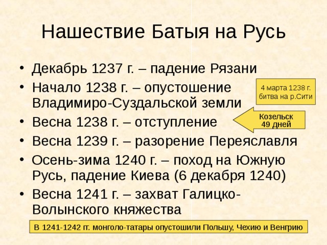 Нашествие Батыя на Русь Декабрь 1237 г. – падение Рязани Начало 1238 г. – опустошение Владимиро-Суздальской земли Весна 1238 г. – отступление Весна 1239 г. – разорение Переяславля Осень-зима 1240 г. – поход на Южную Русь, падение Киева (6 декабря 1240) Весна 1241 г. – захват Галицко-Волынского княжества 4 марта 1238 г. битва на р.Сити Козельск 49 дней В 1241-1242 гг. монголо-татары опустошили Польшу, Чехию и Венгрию 