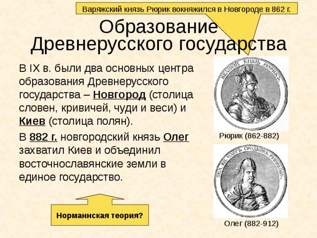 Варяжский князь Рюрик вокняжился в Новгороде в 862 г. Образование  Древнерусского государства В IX в. были два основных центра образования Древнерусского государства – Новгород (столица словен, кривичей, чуди и веси) и Киев (столица полян). В 882 г. новгородский князь Олег захватил Киев и объединил восточнославянские земли в единое государство. Рюрик (862-882) Норманнская теория? Олег (882-912) 