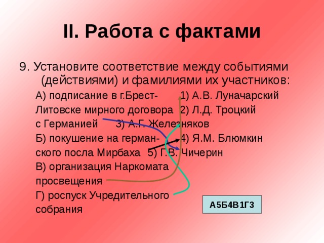 II . Работа с фактами 9. Установите соответствие между событиями (действиями) и фамилиями их участников: А) подписание в г.Брест-  1) А.В. Луначарский Литовске мирного договора  2) Л.Д. Троцкий с Германией    3) А.Г. Железняков Б) покушение на герман-  4) Я.М. Блюмкин ского посла Мирбаха   5) Г.В. Чичерин В) организация Наркомата просвещения Г) роспуск Учредительного собрания А) подписание в г.Брест-  1) А.В. Луначарский Литовске мирного договора  2) Л.Д. Троцкий с Германией    3) А.Г. Железняков Б) покушение на герман-  4) Я.М. Блюмкин ского посла Мирбаха   5) Г.В. Чичерин В) организация Наркомата просвещения Г) роспуск Учредительного собрания А5Б4В1Г3 