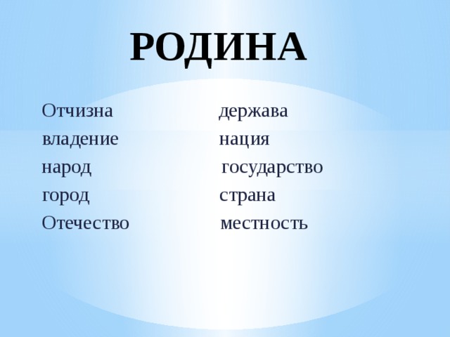 РОДИНА Отчизна держава владение нация народ государство город страна Отечество местность 