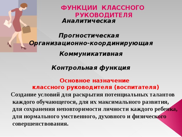         Контрольная функция ФУНКЦИИ  КЛАССНОГО  РУКОВОДИТЕЛЯ .            Аналитическая  Прогностическая    Организационно-координирующая    Коммуникативная Основное назначение классного руководителя (воспитателя) Создание условий для раскрытия потенциальных талантов  каждого обучающегося, для их максимального развития,  для сохранения неповторимости личности каждого ребенка,  для нормального умственного, духовного и физического  совершенствования. 