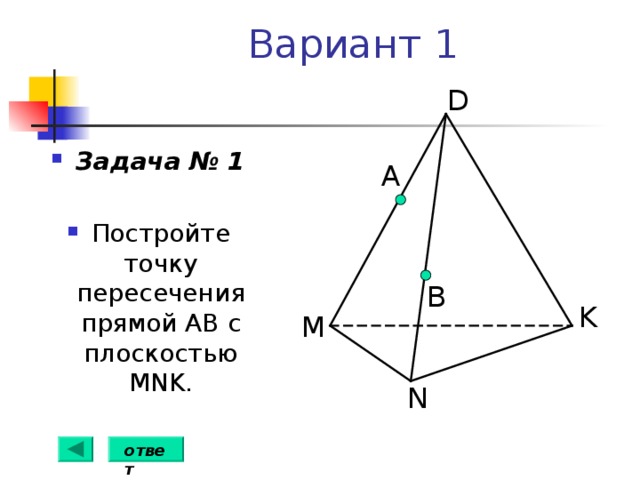 Вариант 1 D Задача № 1  Постройте точку пересечения прямой АВ с плоскостью MNK. А B K M N ответ 