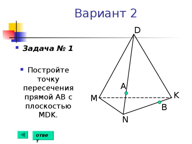 Вариант 2 D Задача № 1  Постройте точку пересечения прямой АВ с плоскостью MDK. А K M B N ответ 