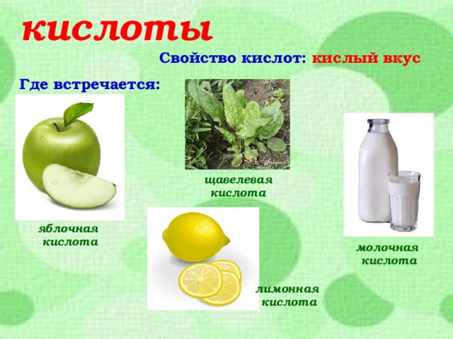 кислоты Свойство кислот: кислый вкус Где встречается:    щавелевая кислота яблочная кислота молочная кислота лимонная кислота  