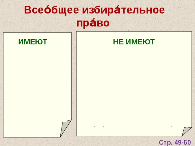 Всео́бщее избира́тельное пра́во НЕ ИМЕЮТ ИМЕЮТ лица, содержащиеся в местах лишения свободы, недееспособные (не способные по своему умственному, психическому состоянию осуществлять свои права все граждане страны, достигшие  18 лет (совершенно-летние)  Стр. 49-50  