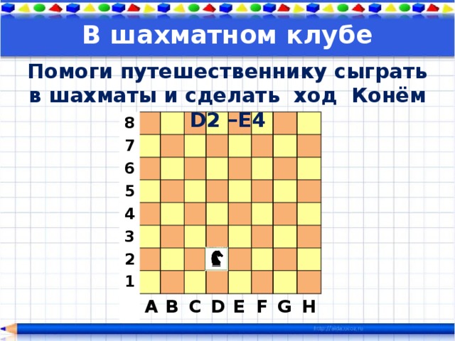В шахматном клубе Помоги путешественнику сыграть в шахматы и сделать ход Конём D2 –E4 8 7 6 5 4 3 2 1 A B C D E F G H 