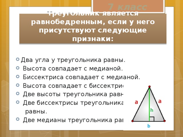 7 класс Треугольник является равнобедренным, если у него присутствуют следующие признаки: Два угла у треугольника равны.  Высота совпадает с медианой.  Биссектриса совпадает с медианой.  Высота совпадает с биссектрисой.  Две высоты треугольника равны.  Две биссектрисы треугольника  равны.  Две медианы треугольника равны. 