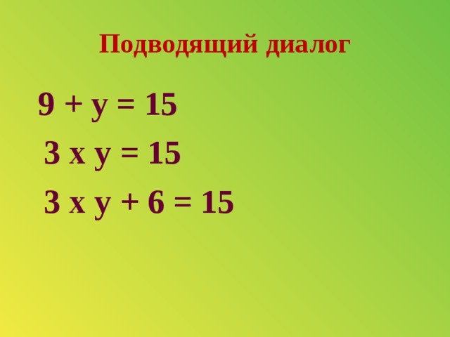 Подводящий диалог  9 + у = 15  3 х у = 15  3 х у + 6 = 15 