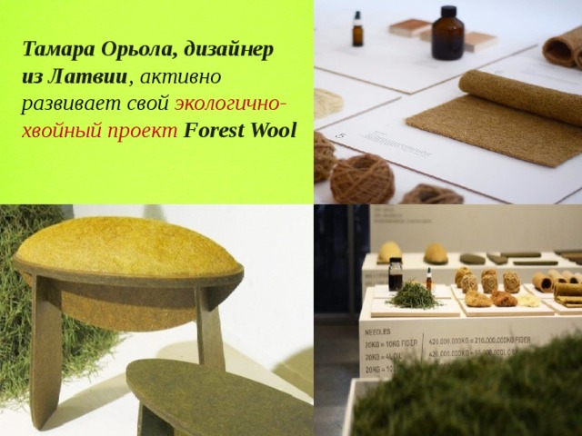 Тамара Орьола, дизайнер из Латвии , активно развивает свой экологично-хвойный проект   Forest Wool 