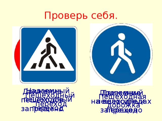 Проверь себя. Надземный пешеходный переход Движение пешеходов запрещено Движение на велосипедах запрещено Подземный пешеходный переход Пешеходный  переход Пешеходная дорожка 