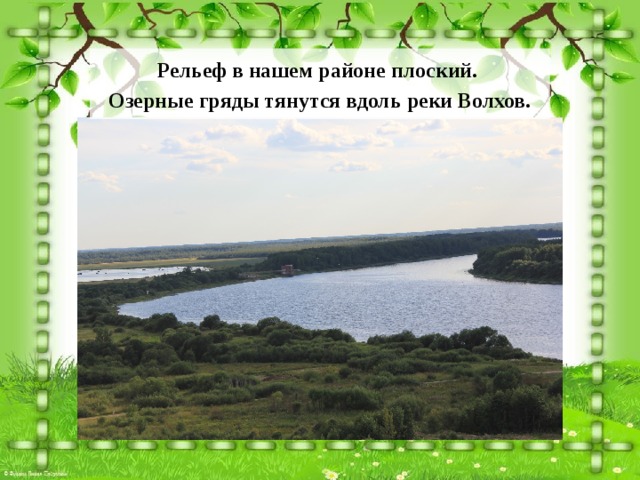 Рельеф в нашем районе плоский. Озерные гряды тянутся вдоль реки Волхов. 