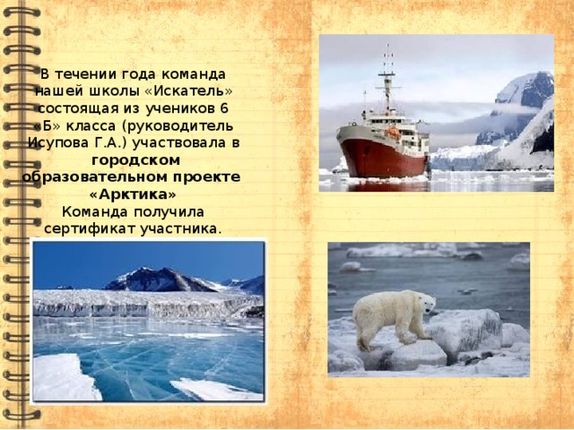 В течении года команда нашей школы «Искатель» состоящая из учеников 6 «Б» класса (руководитель Исупова Г.А.) участвовала в  городском образовательном проекте «Арктика» Команда получила сертификат участника. 