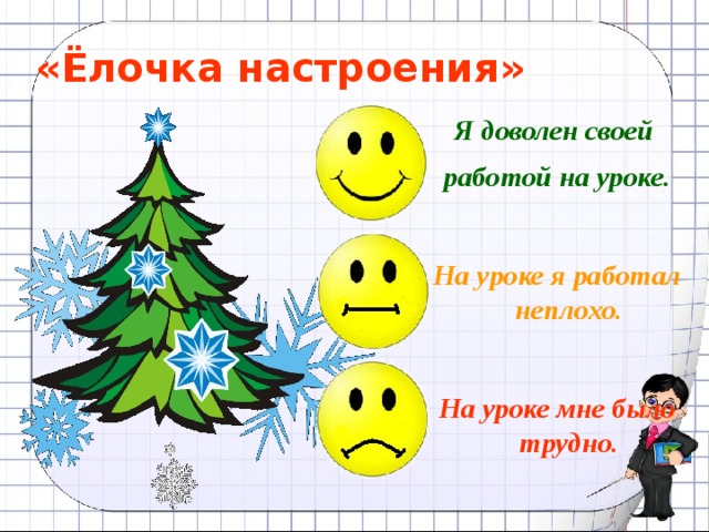 «Ёлочка настроения» Я доволен своей работой на уроке.   На уроке я работал неплохо.   На уроке мне было трудно. 