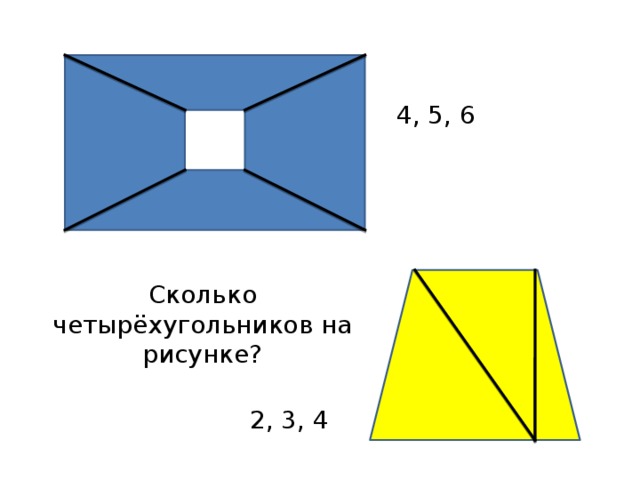 4, 5, 6 Сколько четырёхугольников на рисунке? 2, 3, 4 