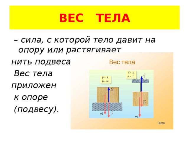 Вес тела сила приложена. Вес тела на подвесе. Вес это сила с которой тело действует на опору или подвес. Вес — это сила, с которой давит на опору или подвес.. Вес — это , с которой тело на опору или растягивает подвес..