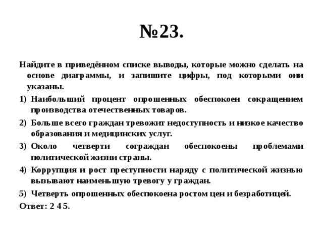 № 23. Найдите в приведённом списке выводы, которые можно сделать на основе диаграммы, и запишите цифры, под которыми они указаны. Наибольший процент опрошенных обеспокоен сокращением производства отечественных товаров. Больше всего граждан тревожит недоступность и низкое качество образования и медицинских услуг. Около четверти сограждан обеспокоены проблемами политической жизни страны. Коррупция и рост преступности наряду с политической жизнью вызывают наименьшую тревогу у граждан. Четверть опрошенных обеспокоена ростом цен и безработицей. Ответ: 2 4 5. 