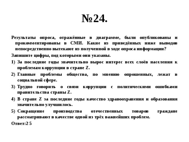 № 24. Результаты опроса, отражённые в диаграмме, были опубликованы и прокомментированы в СМИ. Какие из приведённых ниже выводов непосредственно вытекают из полученной в ходе опроса информации? Запишите цифры, под которыми они указаны. За последние годы значительно вырос интерес всех слоёв населения к проблемам коррупции в стране Z. Главные проблемы общества, по мнению опрошенных, лежат в социальной сфере. Трудно говорить о связи коррупции с политическими ошибками правительства страны Z. В стране Z за последние годы качество здравоохранения и образования значительно улучшилось. Сокращение производства отечественных товаров граждане рассматривают в качестве одной из трёх важнейших проблем. Ответ:2 5 