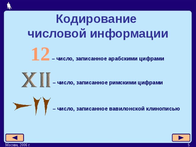 Кодирование  числовой информации  12  – число, записанное арабскими цифрами  – число, записанное римскими цифрами  – число, записанное вавилонской клинописью Москва, 2006 г.