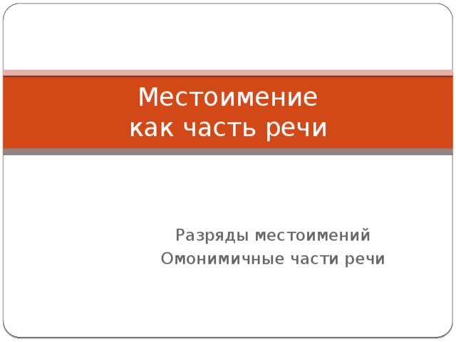 Местоимение  как часть речи Разряды местоимений Омонимичные части речи 