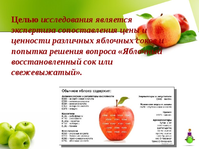 Целью  исследования является экспертиза сопоставления цены и ценности различных яблочных соков и попытка решения вопроса «Яблочный восстановленный сок или свежевыжатый». 