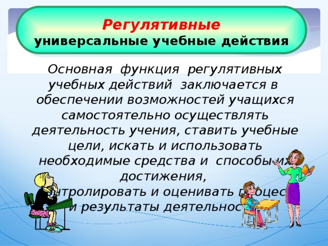 Регулятивные универсальные учебные действия Основная функция регулятивных учебных действий заключается в обеспечении возможностей учащихся самостоятельно осуществлять деятельность учения, ставить учебные цели, искать и использовать необходимые средства и способы их достижения, контролировать и оценивать процесс и результаты деятельности.