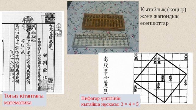 Қытайлық (қоңыр) және жапондық есепшоттар Тоғыз кітаптағы математика Пифагор үштігінің қытайша нұскасы: 3 × 4 × 5 