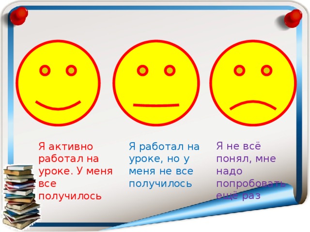 Я не всё понял, мне надо попробовать ещё раз Я активно работал на уроке. У меня все получилось Я работал на уроке, но у меня не все получилось 