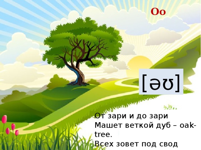 Oo [əʊ] От зари и до зари Машет веткой дуб – oak-tree. Всех зовет под свод ветвей, Бормоча под нос: “OK” 
