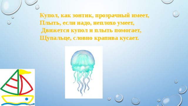 Купол, как зонтик, прозрачный имеет, Плыть, если надо, неплохо умеет,  Движется купол и плыть помогает, Щупальце, словно крапива кусает. 