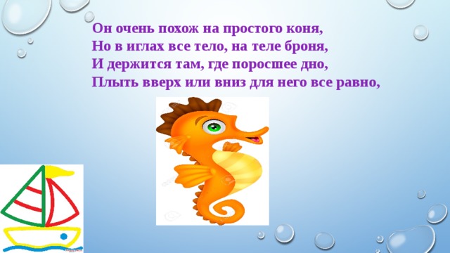 Он очень похож на простого коня, Но в иглах все тело, на теле броня, И держится там, где поросшее дно, Плыть вверх или вниз для него все равно, 