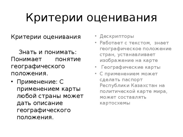 Критерии оценивания Критерии оценивания Дескрипторы Работает с текстом, знает географическое положение стран, устанавливает изображение на карте  Географические карты С применением может сделать паспорт Республики Казахстан на политической карте мира, может составлять картосхемы   Знать и понимать: Понимает понятие географического положения. Применение: С применением карты любой страны может дать описание географического положения. 