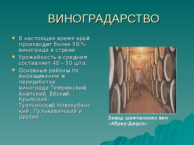 В настоящее время край производит более 50 % винограда в стране. Урожайность в среднем составляет 40 – 50 ц/га. Основные районы по выращиванию и переработке винограда:Темрюкский, Анапский, Ейский, Крымский, Туапсинский,Новокубанский , Гулькевичский и другие.  Завод шампанских вин «Абрау-Дюрсо» 