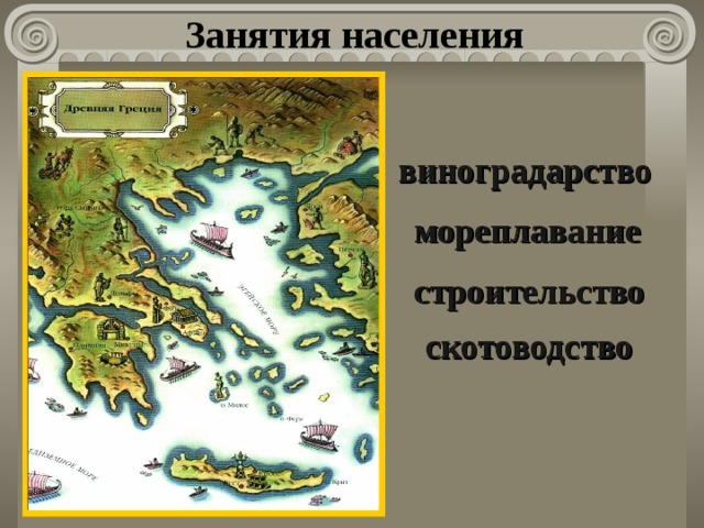 Занятия населения виноградарство мореплавание строительство скотоводство Греция – страна гор, морей, быстрых горных рек с холодной прозрачной водой, которой путник может утолить жажду в жаркий летний день. Зима в Греции короткая, теплая и влажная. Хотя в стране мало лесов, плодородных земель, а почва каменистая, непригодная для хлебопашества, ее природу нельзя назвать бедной. Между гор зеленые пастбища, на которых пасутся овцы и козы. Растет виноград, оливковые деревья, финиковые пальмы со сладкими плодами. Много в стране полезных ископаемых: железной руды, медной руды, мрамора, глины. Каким занятиям населения благоприятствовала природа Греции? Задачная формулировка: Используя предложенный ниже текст, карту, мифы, назовите не менее 5 занятий населения.