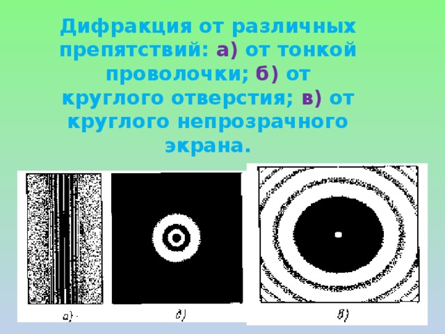 Дифракция от различных препятствий: а) от тонкой проволочки; б) от круглого отверстия; в) от круглого непрозрачного экрана. 
