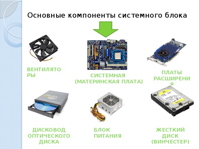  Основные компоненты системного блока вентиляторы Платы расширения Системная (материнская плата) Жесткий диск (винчестер) Блок питания Дисковод оптического диска 