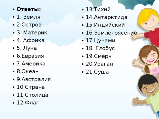 Ответы: 1. Земля 2.Остров 3. Материк 4. Африка 5. Луна 6.Евразия 7.Америка 8.Океан 9.Австралия 10.Страна 11.Столица 12.Флаг  13.Тихий 14.Антарктида 15.Индийский 16.Землетрясение 17.Цунами 18. Глобус 19.Смерч 20.Ураган 21.Суша  