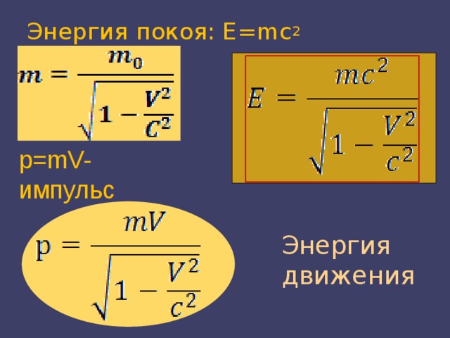 Энергия покоя: E=mc 2    Энергия движения p=mV-импульс 