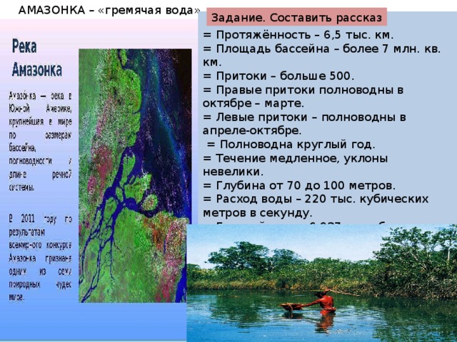 АМАЗОНКА – «гремячая вода» Задание. Составить рассказ = Протяжённость – 6,5 тыс. км. = Площадь бассейна – более 7 млн. кв. км. = Притоки – больше 500. = Правые притоки полноводны в октябре – марте. = Левые притоки – полноводны в апреле-октябре.  = Полноводна круглый год. = Течение медленное, уклоны невелики. = Глубина от 70 до 100 метров. = Расход воды – 220 тыс. кубических метров в секунду. = Годовой сток – 6 937 км кубических. = Множество островов. = Огромные разливы. = Судоходна. 