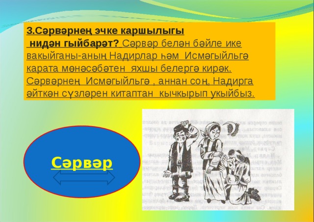 3.Сәрвәрнең эчке каршылыгы  нидән гыйбарәт?  Сәрвәр белән бәйле ике вакыйганы-аның Надирлар һәм Исмәгыйльгә карата мөнәсәбәтен яхшы белергә кирәк. Сәрвәрнең Исмәгыйльгә , аннан соң, Надирга әйткән сүзләрен китаптан кычкырып укыйбыз.  Сәрвәр 
