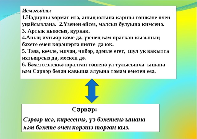 Исмәгыйль: 1.Надирны хөрмәт итә, аның юлына каршы төшкәне өчен уңайсызлана. 2.Үзенең өйсез, малсыз булуына кимсенә. 3. Артык кыюсыз, куркак. 4.Аның ихтыяр көче дә, үзенең һәм яраткан кызының бәхете өчен көрәшергә нияте дә юк. 5. Таза, көчле, эшчән, чибәр, әдәпле егет, шул ук вакытта ихтыярсыз да, мескен дә. 6. Бәхетсезлеккә юралган төшенә ул тулысынча ышана һәм Сәрвәр белән кавыша алуына тәмам өметен өзә.  Сәрвәр: Сәрвәр исә, киресенчә, үз бәхетенә ышана һәм бәхете өчен көрәшә торган кыз. 