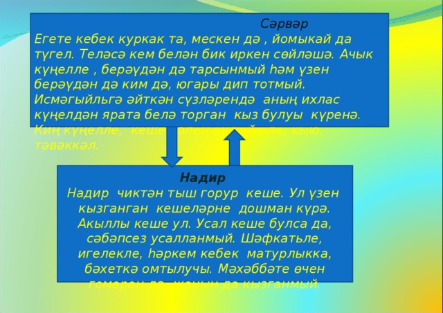  Сәрвәр Егете кебек куркак та, мескен дә , йомыкай да түгел. Теләсә кем белән бик иркен сөйләшә. Ачык күңелле , берәүдән дә тарсынмый һәм үзен берәүдән дә ким дә, югары дип тотмый. Исмәгыйльгә әйткән сүзләрендә аның ихлас күңелдән ярата белә торган кыз булуы күренә. Киң күңелле, кеше хәлен аңлый ала, кыю, тәвәккәл.  Надир Надир чиктән тыш горур кеше. Ул үзен кызганган кешеләрне дошман күрә. Акыллы кеше ул. Усал кеше булса да, сәбәпсез усалланмый. Шәфкатьле, игелекле, һәркем кебек матурлыкка, бәхеткә омтылучы. Мәхәббәте өчен гомерен дә, җанын да кызганмый. 
