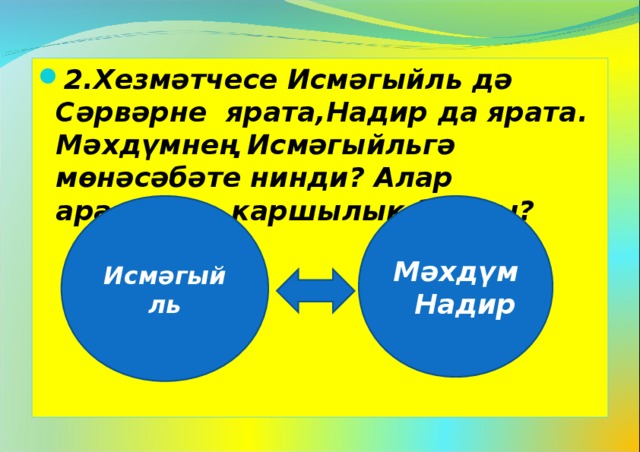 2.Хезмәтчесе Исмәгыйль дә Сәрвәрне ярата,Надир да ярата. Мәхдүмнең Исмәгыйльгә мөнәсәбәте нинди? Алар арасында каршылык бармы?  Исмәгыйль Мәхдүм Надир 