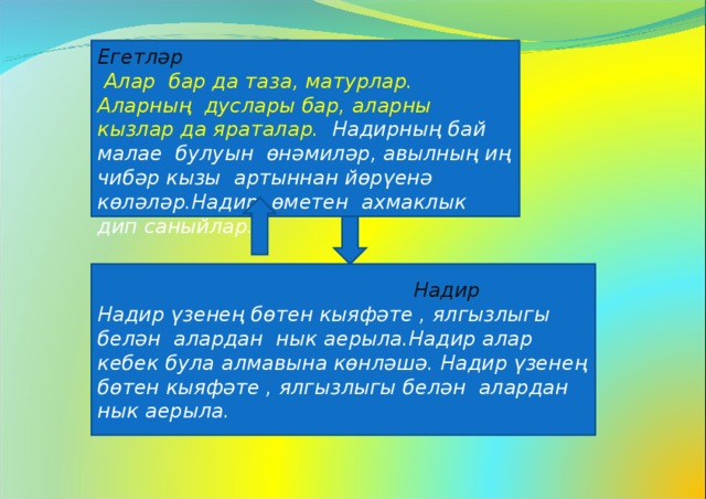 Егетләр  Алар бар да таза, матурлар. Аларның дуслары бар, аларны кызлар да яраталар. Надирның бай малае булуын өнәмиләр, авылның иң чибәр кызы артыннан йөрүенә көләләр.Надир өметен ахмаклык дип саныйлар.  Надир Надир үзенең бөтен кыяфәте , ялгызлыгы белән алардан нык аерыла.Надир алар кебек була алмавына көнләшә. Надир үзенең бөтен кыяфәте , ялгызлыгы белән алардан нык аерыла. 